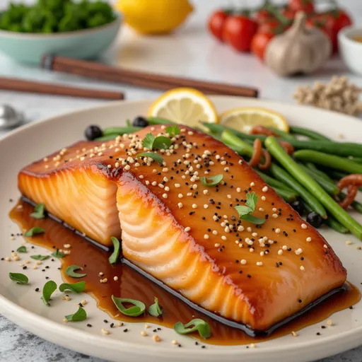 Detailed view of a salmon fillet topped with garlic and honey glaze, placed on a blurred background.