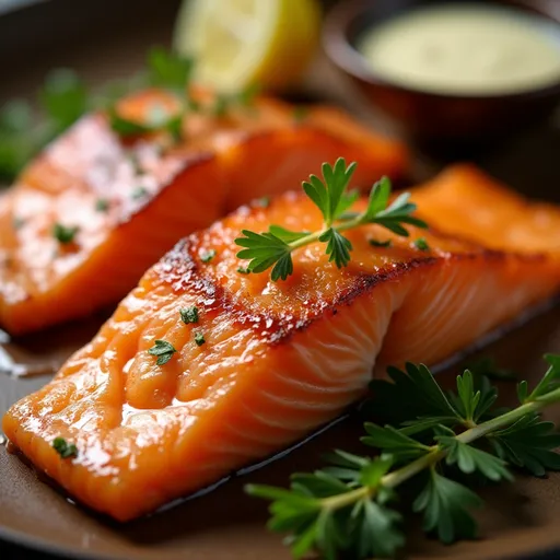 Eye-level photography of honey garlic salmon, showcasing its crispy texture and vibrant color.