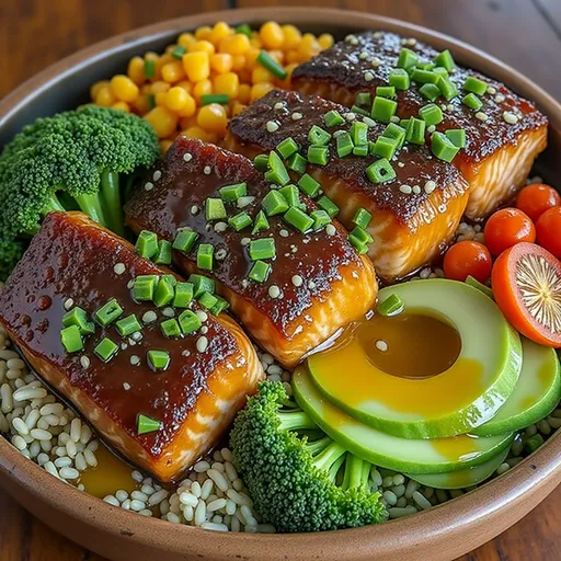 Eye-level view of a delicious salmon bowl showcasing honey glaze, steamed broccoli, and colorful carrots.