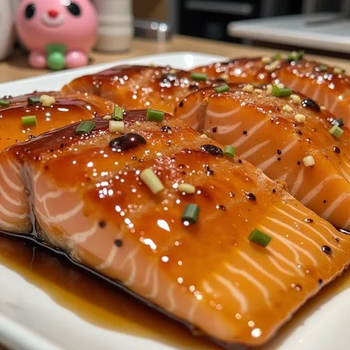 Detailed view of a delicious salmon dish, featuring a honey garlic glaze and soft shadows.