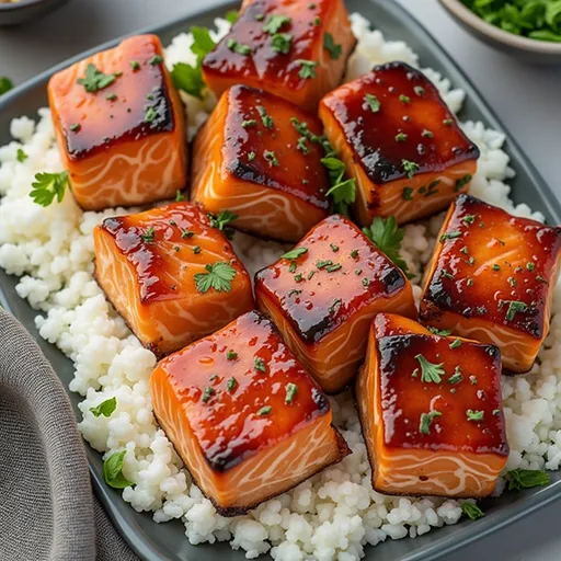 Bite-sized salmon chunks in a savory glaze, arranged artfully on a wooden table, highlighting their texture.