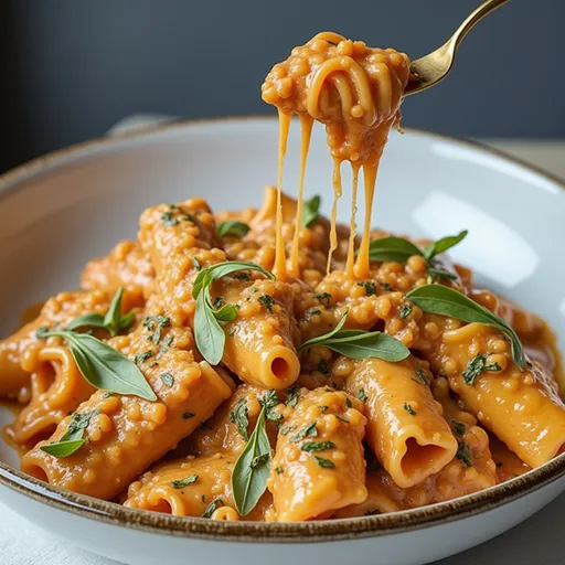 Eye-level view of a bowl of creamy tomato garlic pasta garnished with parmesan, captured in soft natural light.