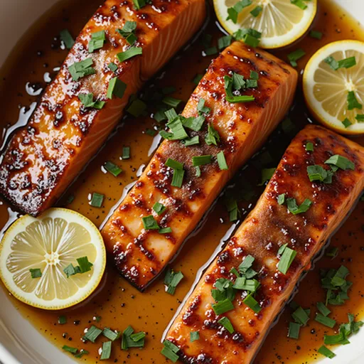 Salmon fillet coated in honey garlic sauce, with soft natural lighting emphasizing its texture.