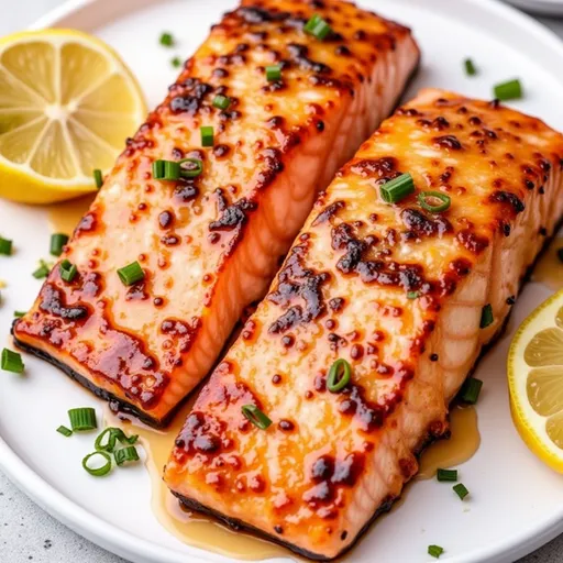 Air fryer salmon fillet glistening with honey garlic sauce, set against a blurred kitchen background.
