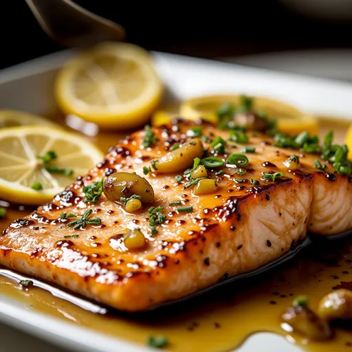 Eye-level shot of golden-brown salmon fillet coated in honey garlic sauce.
