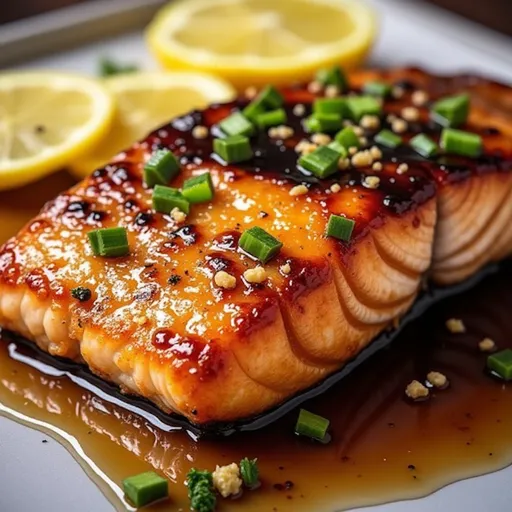 Eye-level shot of golden-brown salmon drizzled with honey garlic sauce, showcasing its texture.