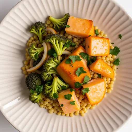 Delicious Lemony Salmon Couscous Bowl captured against a softly blurred background.