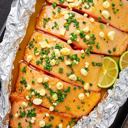 Vibrantly cooked salmon with a glossy glaze of honey and garlic, garnished with parsley.