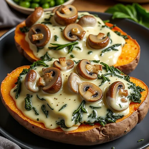 An appetizing dish featuring sweet potatoes stuffed with mushrooms and spinach.