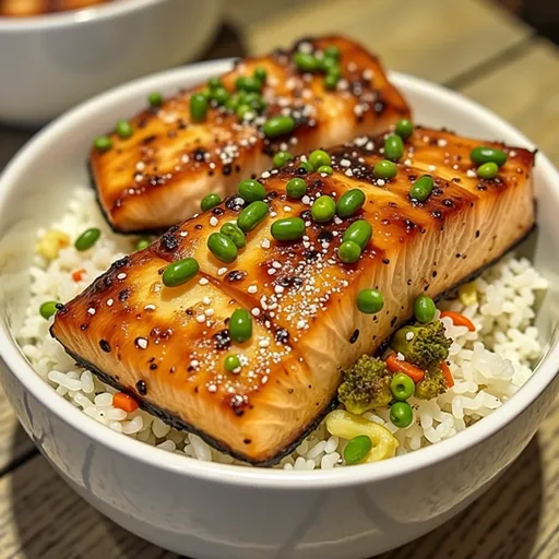 An inviting bowl of honey garlic salmon, accompanied by rice and colorful veggies, captured in natural lighting with a blurred background.