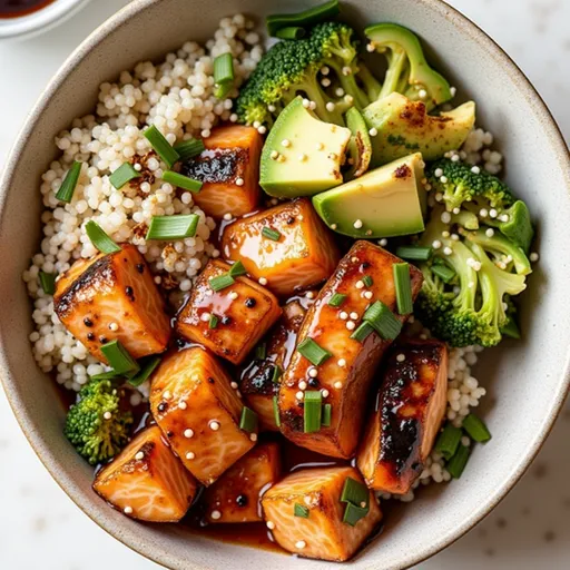A beautifully arranged Honey Glazed Salmon Bowl showing salmon fillets, steamed broccoli, sliced avocado, and quinoa.