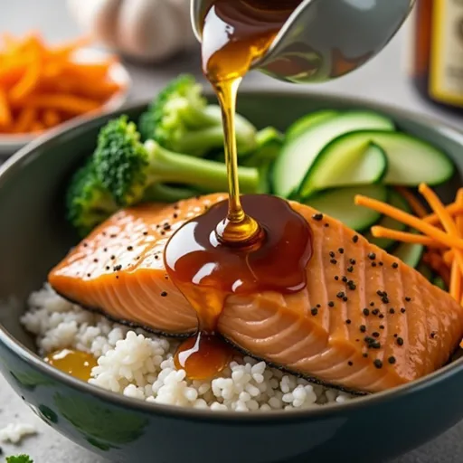 Delicious Honey Garlic Salmon Bowl showcasing salmon fillets, cooked rice, and garnishes.