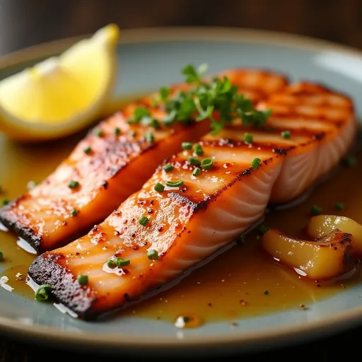Gourmet presentation of honey-garlic grilled salmon, emphasizing its juicy texture and vibrant colors.