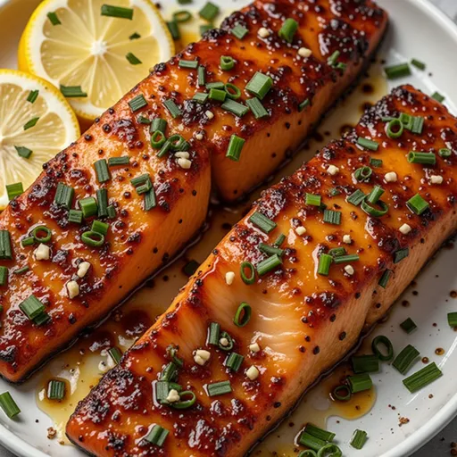 Air fryer honey garlic salmon with a shiny glaze, showcasing tender texture and vibrant colors.