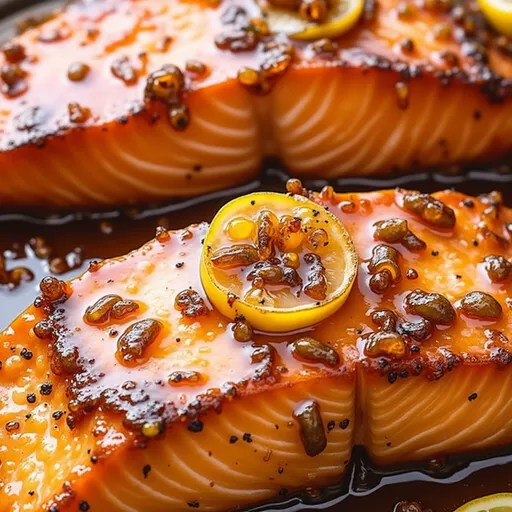 Salmon fillets topped with a golden honey garlic sauce and green onions, captured in warm natural light.