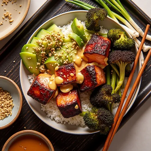 Detailed view of a scrumptious chili honey garlic salmon bowl with jasmine rice and garnishes.