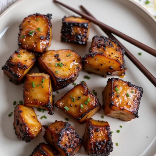 Juicy salmon bites in a warm setting, highlighting the shiny glaze and garnishes.