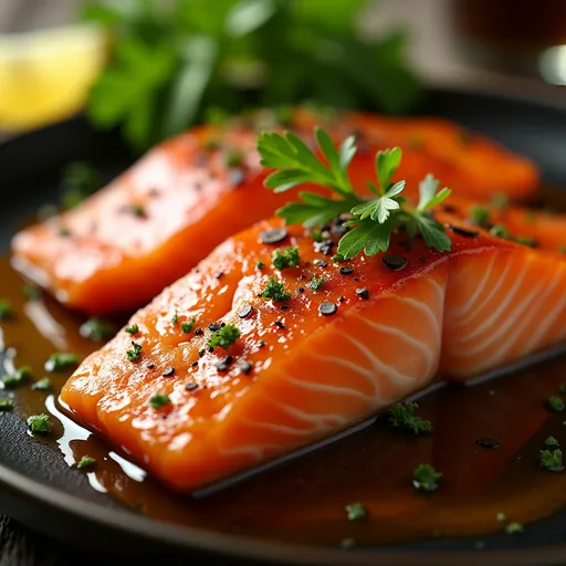 Eye-level shot of delicious garlic honey salmon, showcasing its rich texture and vibrant colors.