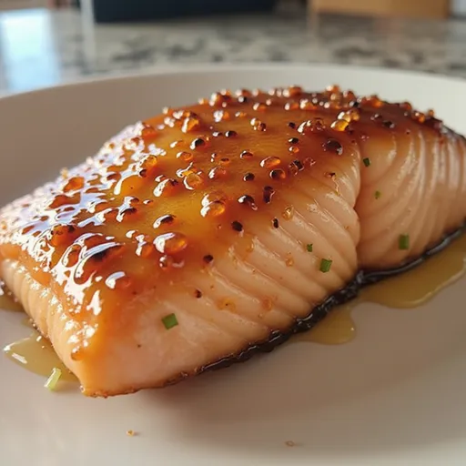 An inviting image of air fryer salmon with a golden honey glaze, showcased with subtle shadows and soft lighting.
