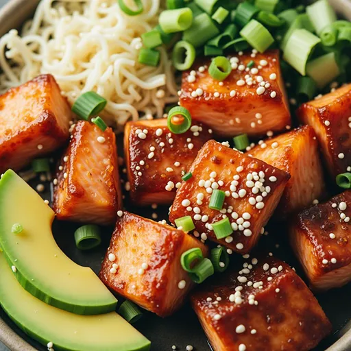 A vibrant, eye-level shot of a Honey Garlic Salmon Bites Bowl filled with salmon, cooked rice, and toppings.