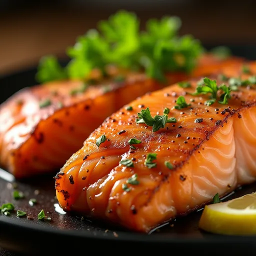 Juicy salmon fillet cooked in an air fryer, showcasing its crispy texture and vibrant garlic lemon butter sauce.