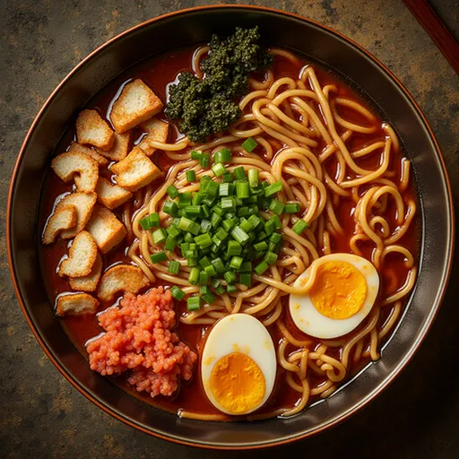 Eye-level shot of Korean ramen topped with green onions and sesame seeds.