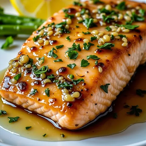 Appetizing salmon with a golden brown glaze, set against a softly blurred background.