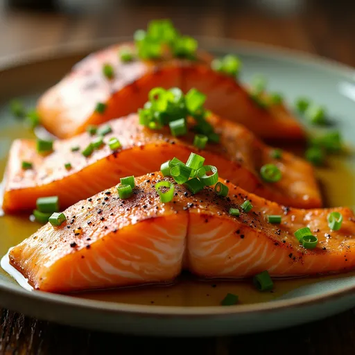 A vibrant and appetizing close-up of honey garlic salmon, highlighting its texture and garnishes.