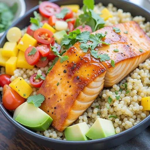 Top view of a healthy Honey Garlic Salmon Quinoa Bowl filled with colorful ingredients and garnish.