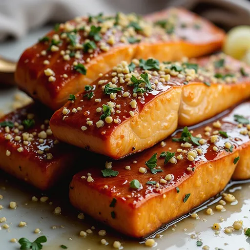 Tender baked salmon topped with minced garlic and honey sauce, with a blurred background.