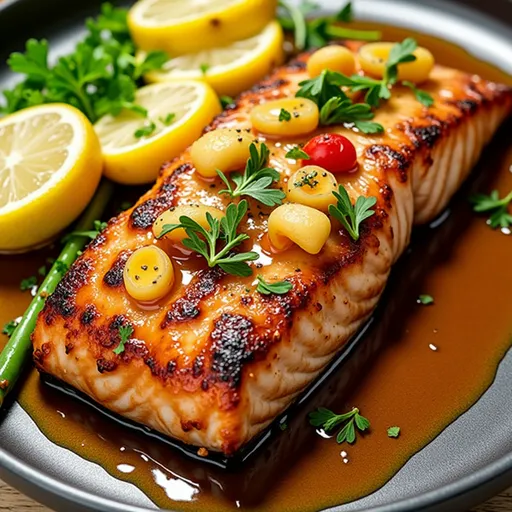 Gourmet garlic butter salmon, showcasing a golden glaze and rich textures, on a cozy blurred background.