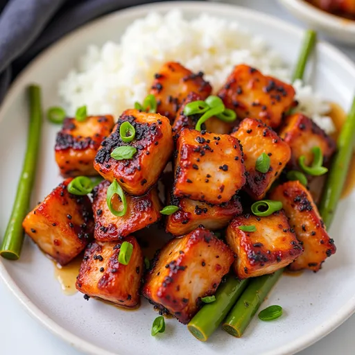 Appetizing salmon bites arranged aesthetically, highlighted by soft natural lighting and blurred background.