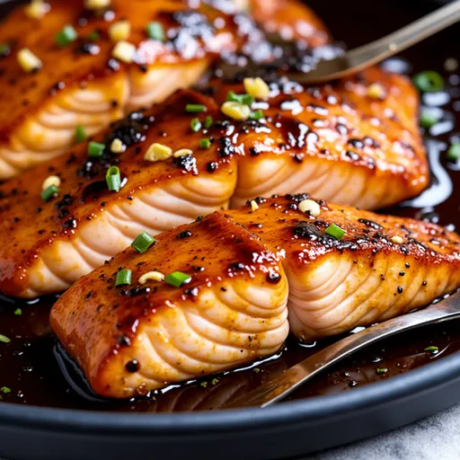 Delicious Honey Garlic Salmon fillets on a rustic plate, illuminated by warm natural light, with garlic and honey glistening on the surface.