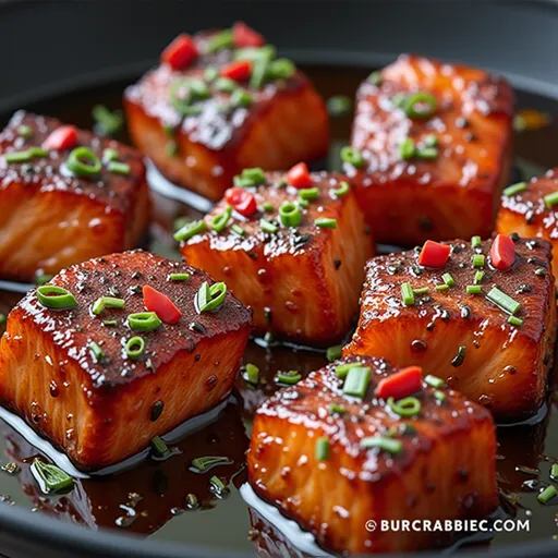 Appetizing salmon pieces glistening with honey butter glaze, showcased with a blurred cozy background.