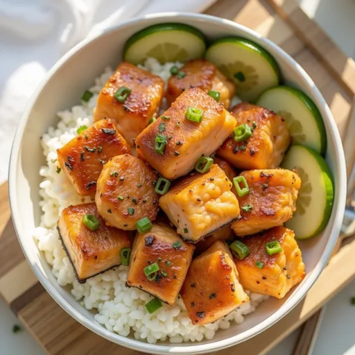 Appetizing Honey Garlic Salmon Bites arranged on a plate, showcasing their glossy texture and vibrant garnish.