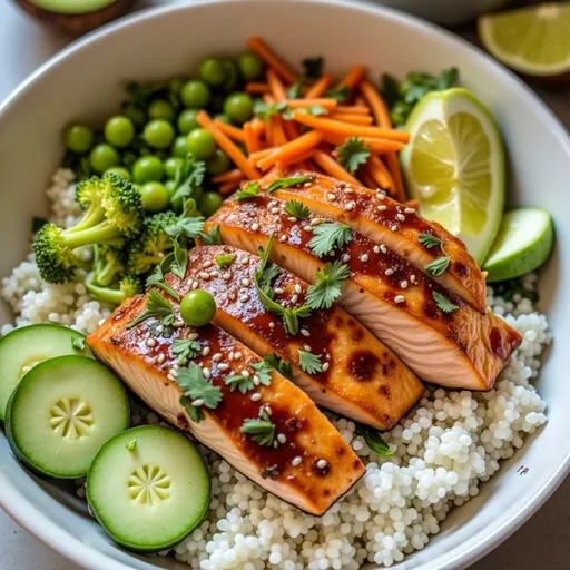 Delicious salmon bowl with sweet chili sauce, quinoa, and fresh vegetables arranged beautifully.