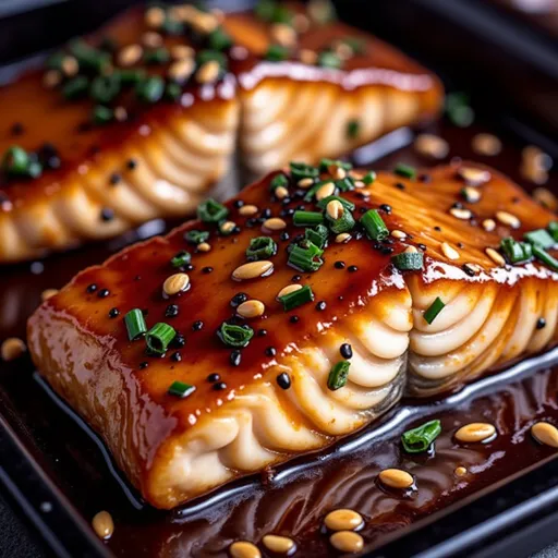 Delicious salmon fillet with a rich glaze, set against a cozy, out-of-focus backdrop.