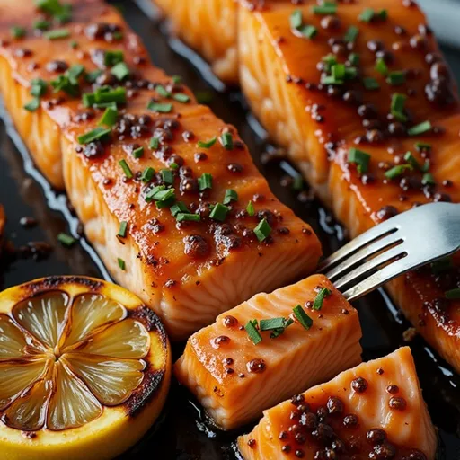 A beautifully presented Honey Garlic Salmon dish with soft, warm lighting enhancing the details.