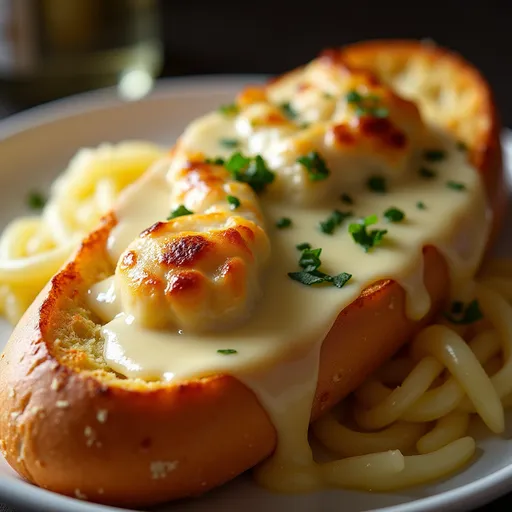 Gourmet Chicken Alfredo Garlic Bread featuring golden cheese and fresh parsley.