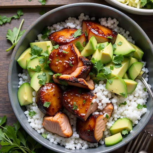 Eye-level shot of a Honey Lime Salmon Bowl filled with colorful ingredients.