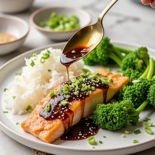 Detailed view of a cooked salmon fillet featuring honey garlic glaze, parsley, and lemon, softly lit from the side.