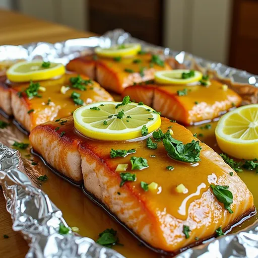 Delicious Honey Garlic Butter Salmon with a glossy finish, served on foil and decorated with herbs and lemon.