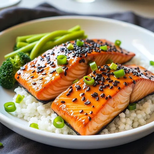 Appetizing salmon fillet drizzled with honey garlic sauce, presented with lemon slices and blurred cozy decor.