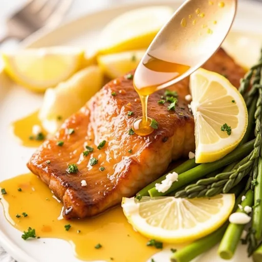 Eye-level view of a cooked salmon fillet with a glossy honey-lemon glaze, highlighting its texture.