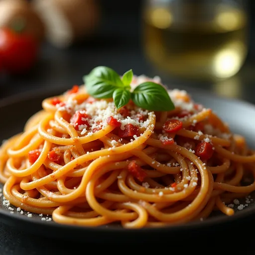 Eye-level shot of Authentic Spaghetti All’assassina, showcasing the glossy pasta and warm, inviting colors.