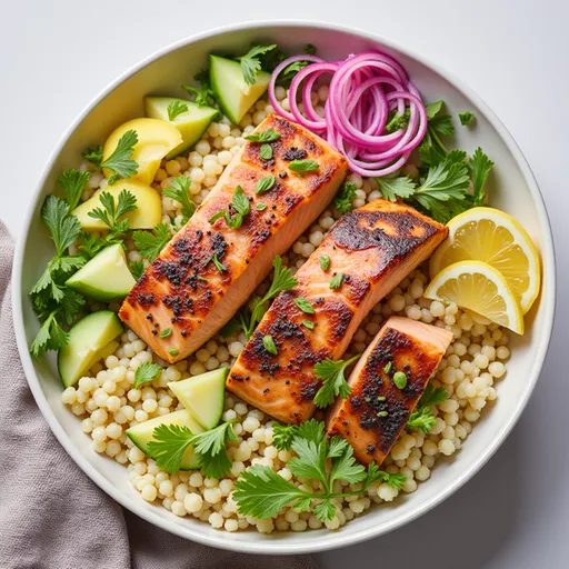 Eye-level shot of a sunny salmon and couscous bowl, highlighting textures and fresh ingredients.
