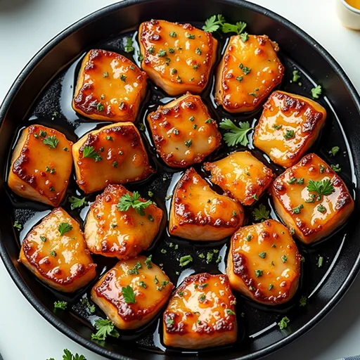 Appetizing salmon bites drizzled with honey garlic sauce, captured in warm natural light.