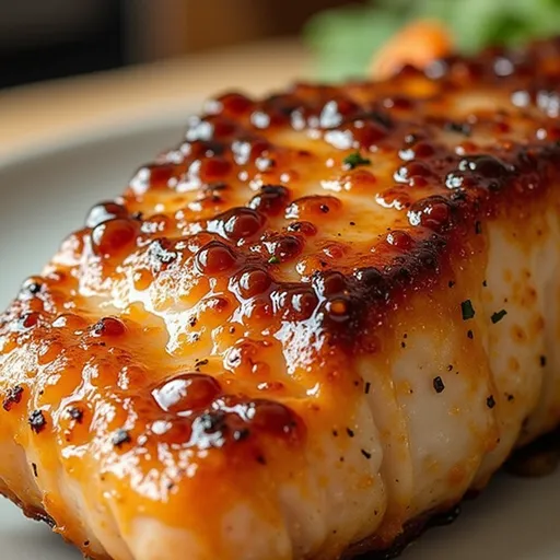Detailed shot of honey glazed salmon with garlic, highlighted by natural light and soft shadows.