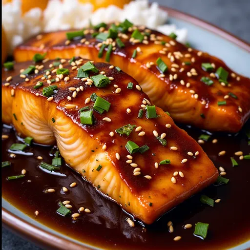 Eye-level shot of a succulent salmon fillet drizzled with honey garlic glaze, accented by green onions and sesame seeds.