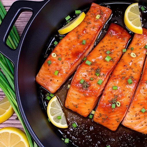 Eye-level shot of salmon fillet coated in a honey garlic sauce, with a blurred cozy background.